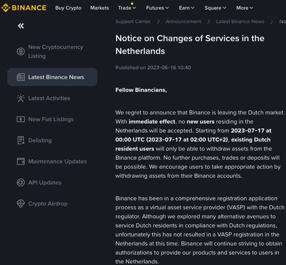 Anuncio oficial de Binance sobre el cese de servicios en Países Bajos (junio 2023)